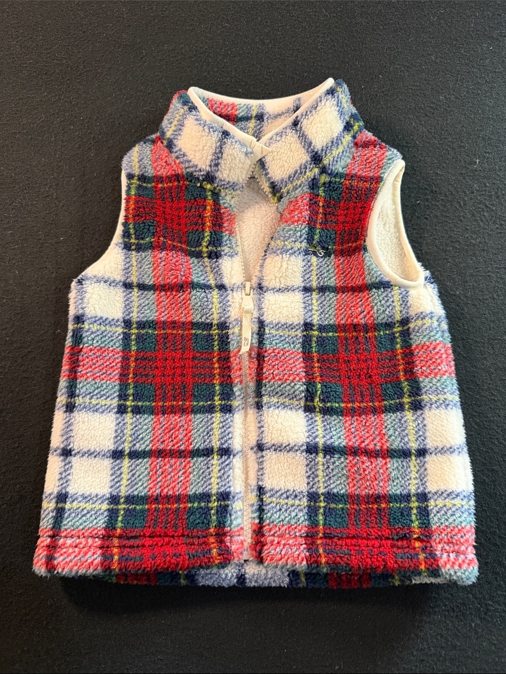 Vineyard Vines Cream Sherpa Vest with Navy, Red & Green Accents
